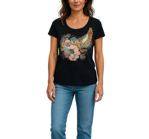 H & M Black Embellished Sequin Beaded Hummingbird Top Floral 100% Cotton M